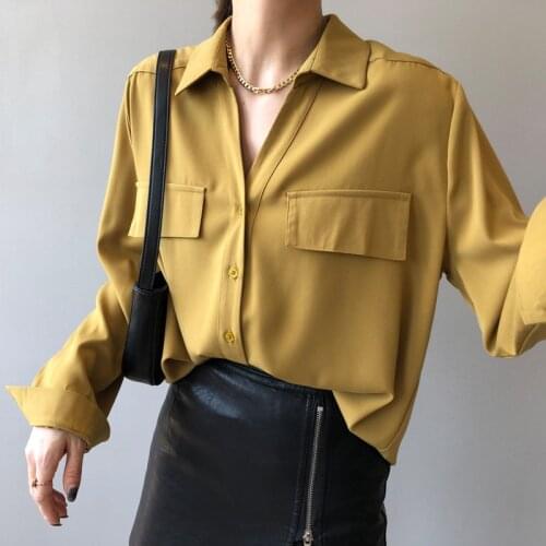 2021 Autumn New Pure Color Women Shirt Turn Down Collar Pocket Loose Straight Long Sleeve Blouses Vintage Lady Casual Shirts
