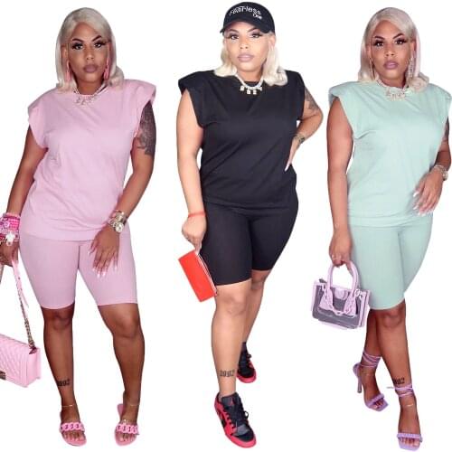 Womens Leisure Sleeveless Shoulder Pad T-shirt And Shorts Suit Solid Color Leisure Top Shorts Two Piece Set Women Tracksuit