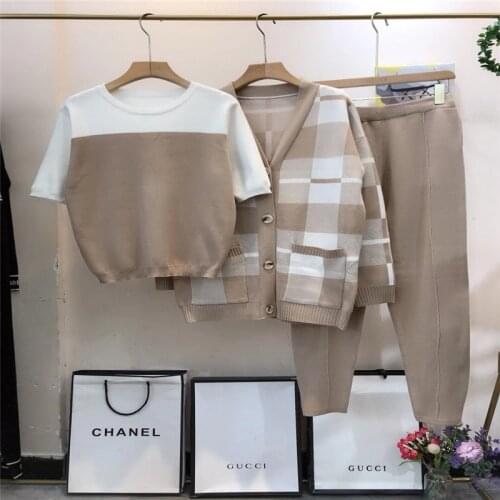 Amolapha Women Knit Short Sleeeve Pullovers+Plaid Cardigans+ Pants 3pcs Sets Autumn Winter Tracksuits