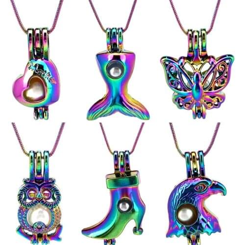 22'' Snake Chain Rainbow Pearl Cage Mermaid Owl Hawk High Heels Locket Pendant Perfume Diffuser Stainless Chain Necklace