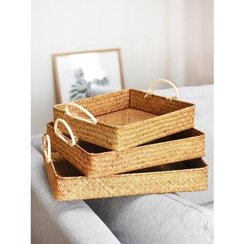 Trays decorative Hand-woven rectangular seaweed storage tray with handle household storage basket COD