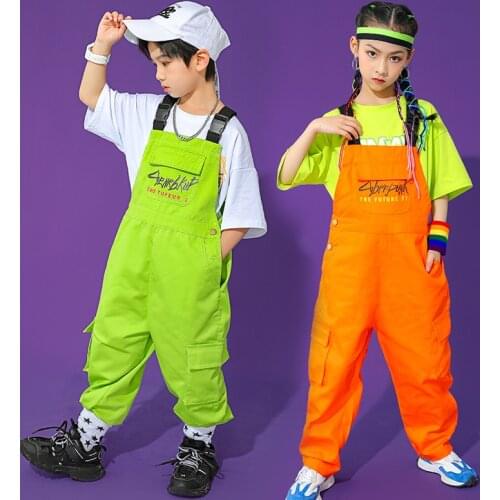 Kids Jazz Hip Hop Costumes Green/Orange Rompers T-Shirts Boys Girls Modern Street Dancewear Hip-Hop Performance Outfit BL6272