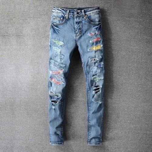 High Quality Ripped Hole Blue Jeans Men 2021 Hip Hop Desginer Color Patchwork Brand Jeans Pants Big Size Streetwear Trousers