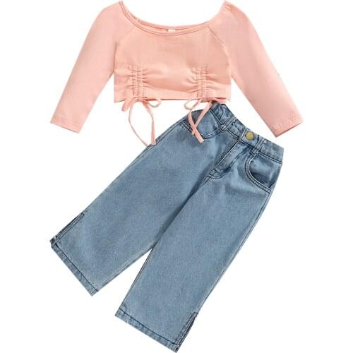Citgeett Autumn Kids Girls T-shirt and Jeans Suit Fashion Long Sleeve Cropped Tops Split Denim Pants Spring Clothes Set