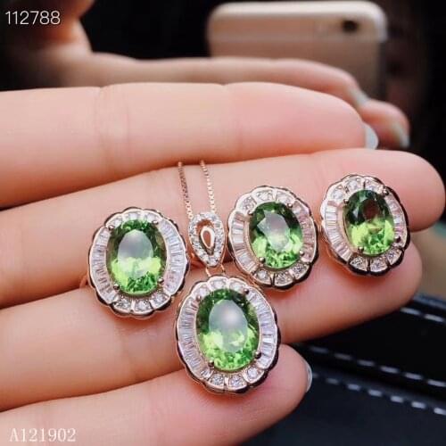 KJJEAXCMY exquisite jewelry 925 sterling silver inlaid natural gemstone olivine female ear nail pendant ring 3 pieces suit suppo