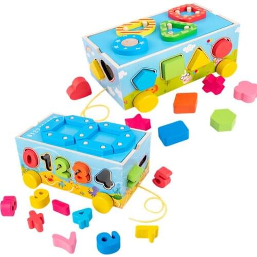 Classic Wooden Colorful Trailer Shape Number Cognitive Cart Blocks Kids Multi-functional Practical Funny Educational Toys