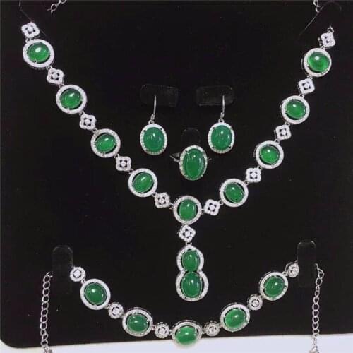 LETSFUN Fine Jewelry 925 Silver Inlaid Natural Green Chalcedony Pendant Necklace Ring Bracelet Earring Set Gifts Free Shipping