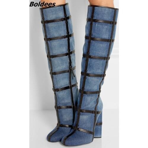 Trendy Design Blue Jeans Block Heel Knee High Boots Classy Denim PU Patchwork Round Toe Boots Fashion Chunky Heel Knee HighShoes