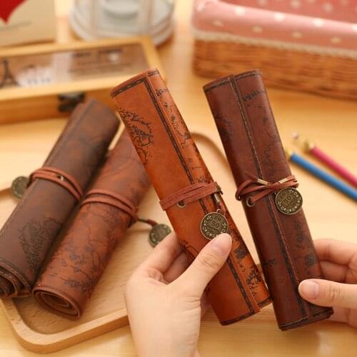 Fashion Vintage Pu Leather Pencil Cases Pirate Treasure Map Roll Up Pencilcase Stationery Pen Bags Woman Make Up Cosmetics Bag