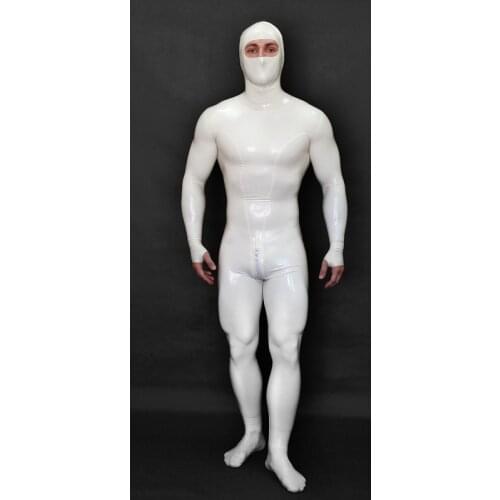 Handmade Mens White Full Body Latex Catsuit Bondage Rubber Bodysuit Hood with Back Crotch Zip