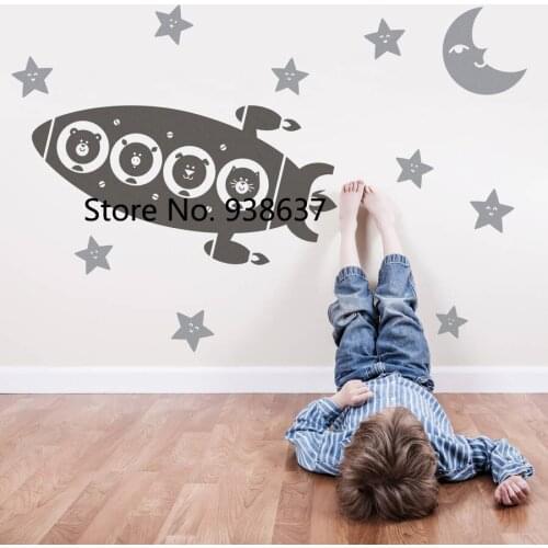 Animal Space Rocket Trip Wall Stickers Kids Room Moon Stars Wall Decals Removabale Home Decoraion Bedroom Living Room ZB413