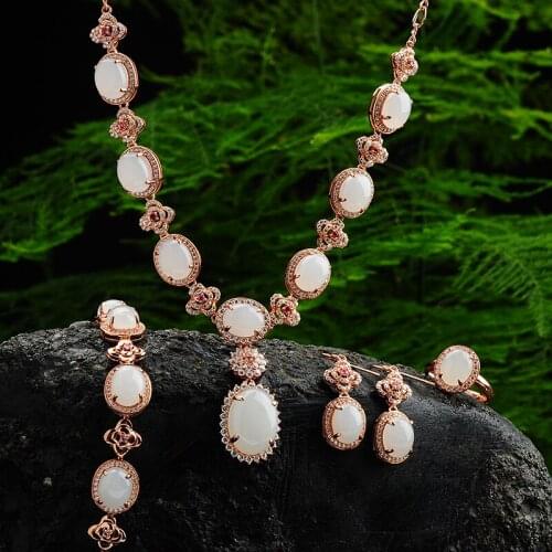 Natural yu and jewelry Tian Yu set Genuine White Ring Earrings Necklace Bracelet four piece