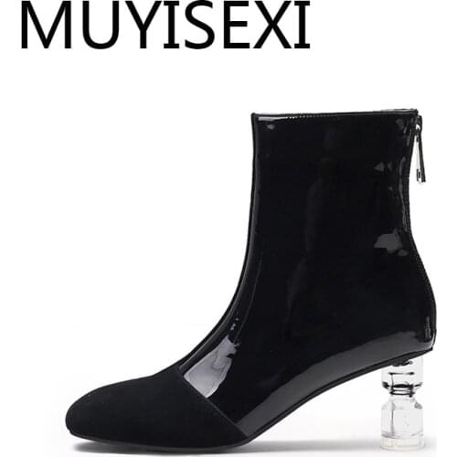 New arrival hot real leather patchwork square toe 5.5cm thick high strange crystal heel zipper Internet star boot HL282 MUYISEXI