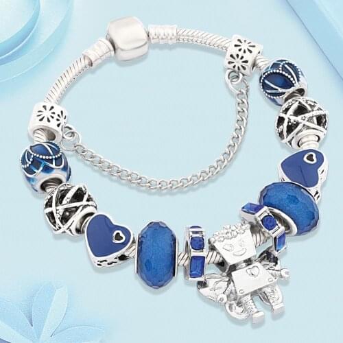 Leabyl New Dark Blue Heart Flower DIY Charm Bracelets & Bangles Silver Color Flower Fairy Robot Bead Bracelet for Women Gift