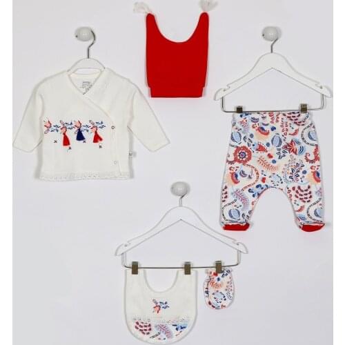 Tulip Pattern Shirt Pants Gloves Hat Bib Red White 5 Piece Newborn Baby Girl Gift Set