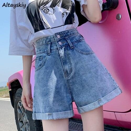 Shorts Women Denim Solid Color Sexy Buttons Wide Leg High Waist All-match Retro Streetwear Cool Hot Summer Korean Holiday Loose