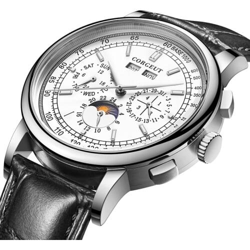 Top Brand 42mm CORGEUT Mechanical wristwatches moon Phase White Dial Silver Year Day Month Week 316L SS Case Automatic Watch men