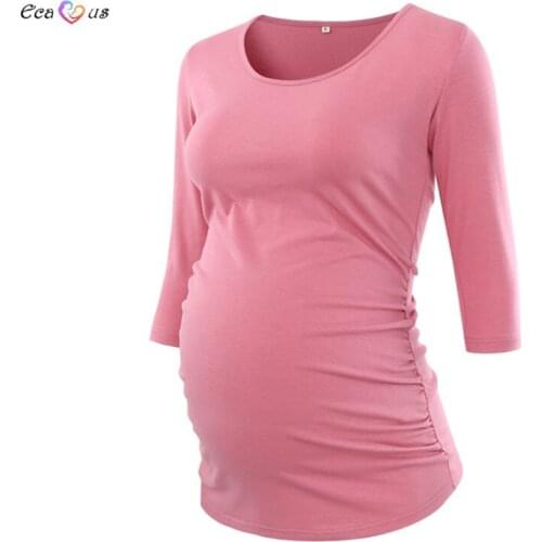 Maternity Tops Mama Pregnant Clothes Round Neck 3/4 Sleeve Side Ruched Maternity Clothes Pregnancy Tunic Classic Tops T Shirts