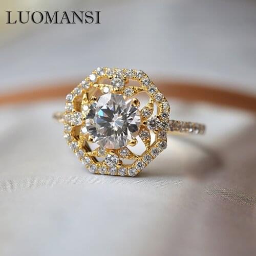 Luomansi Vintage 6MM High Carbon Diamond Ring 100%-S925 Sterling Silver Romantic Womens Party Fine Jewelry