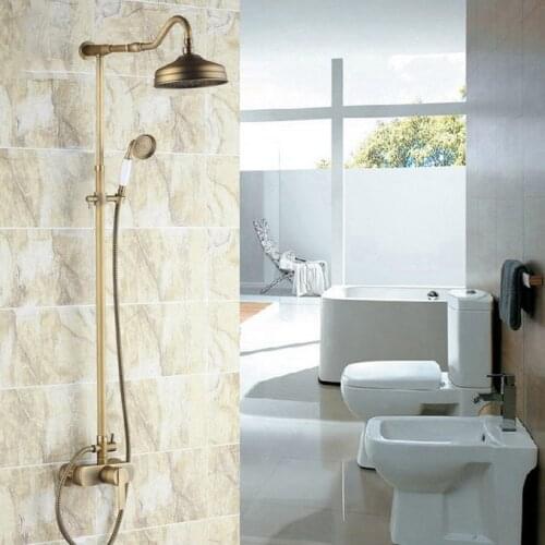 Vintage Retro Antique Brass Single Handle Bathroom 8 Inch Round Rain Shower Faucet Set Bath Mixer Tap Hand Shower mrs204