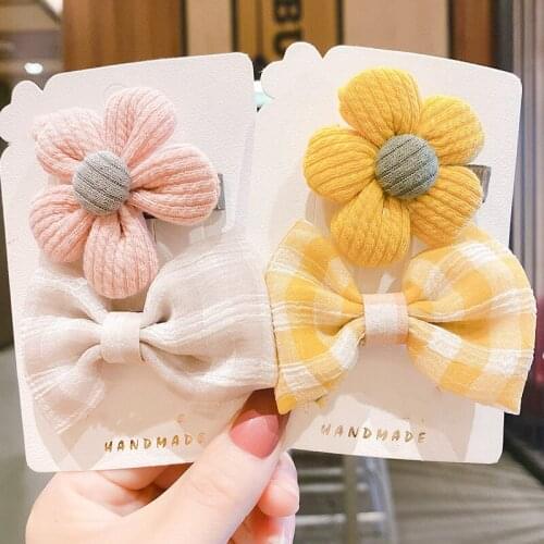 2pcs Girls Cute Wool Knitting Flower Plaid Bowknot Hairpins Handmade Children Hair Slide Clips Sweet Bobby Pins Hair Accessories
