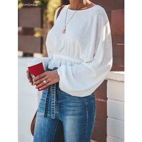 Yinlinhe White Autumn Blouse Women Long Sleeve Elasticity Slim Waist Spring Tops Women o neck loose casual tops 1214