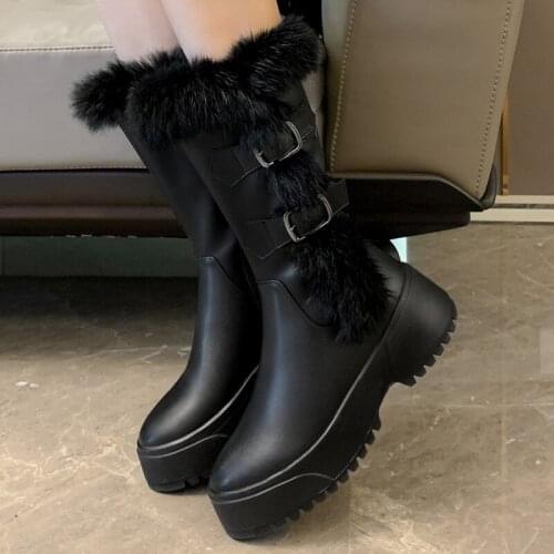 Winter Warm Mid Calf Handmade Genuine Leather Women Snow Boots Round Toe Thick Sole Buckle Straps High Platform Womens Shoes