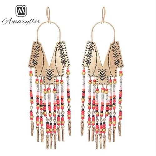 Amaiyllis Vintage Seed Beads Metal Geo Maxi Statement Earrings For Women Ethnic Long Tassel Earrings Beaded Dangle Earrings