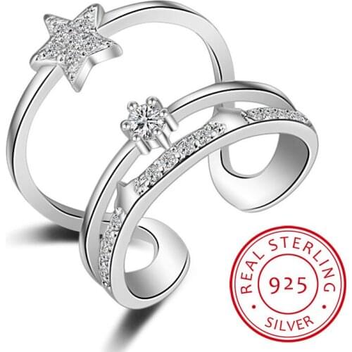925 Sterling Silver Multi-layer CZ Zirconia Star Ring Fine Jewelry For Women anillos Resizable Rings Bague S-R170