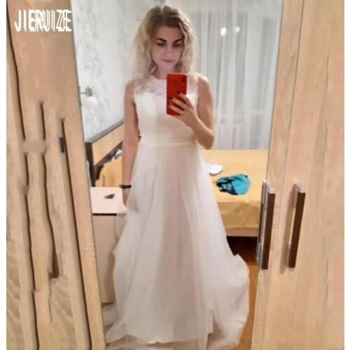 JIERUIZE Simple Full Boho Wedding Dresses A Line Scoop Neck Sleeveless Bridal Gowns White Ivory Bride Dresses vestidos de novia