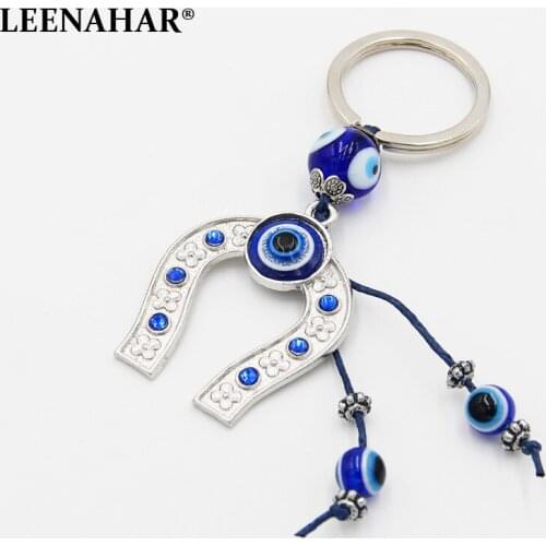 1PC Silver Plated Alloy U Shape Pendant Car Key Ring Lucky Horseshoe KeyChain Turkish Evil Eyes Beads Glass Eye Connector Gifts