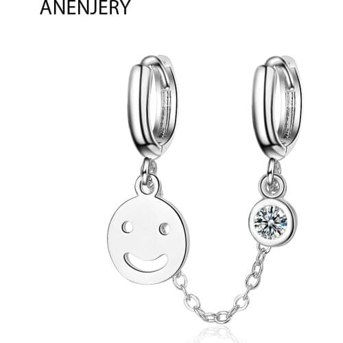 ANENJERY 925 Sterling Silver 1PC Minimalist Hollow Smile Double Ear Hole Hoop Earring With Zircon Chain Ear Jewelry S-E1045