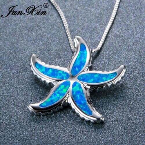 JUNXIN Brand Cute Silver Color Animal Choker Mystic Blue Fire Opal Starfish Pendant Necklaces For Women Lover Gift