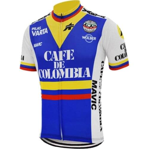 Colombia Retro Cycling Jersey Men Short Sleeve Summer Breathable Cycling Tops Ride Maillot Ciclismo Bike Wear Blue Clothing