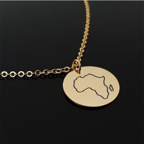 Geometric Disc Africa Map Charm Pendant Gold Chain Stainless Steel Necklace African Country Jewelry Best Friend Gift