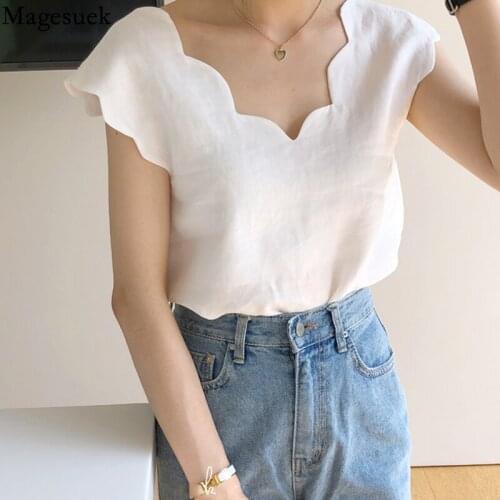 Korean V-neck Summer Tops Women Shirt Casual Short Sleeve White Women Blouses Chic Wave Design Loose Shirts Blusa Mujer 14335