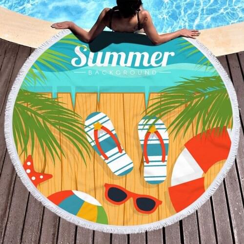 Summer Tropical Printed Beach Towel Landscape Tassel Round Microfiber Bath Towel Absorbent Picnic Towels150cm Yoga Mat