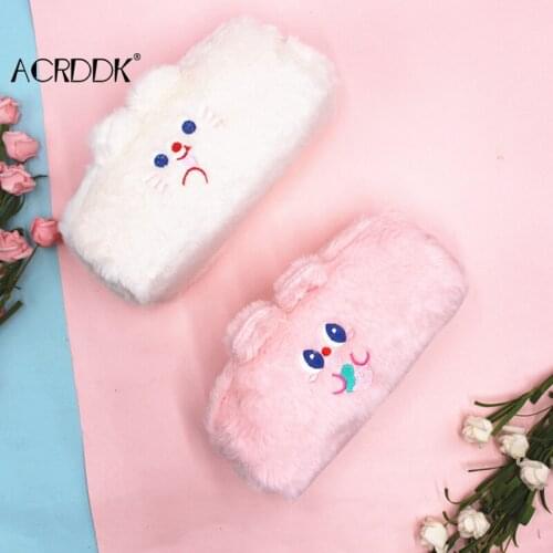 Cute Plush Pencil Pen Pouch Faux Fur Lightweight Large Capacity Stationary Cosmetics Bags for Students Girls FC
