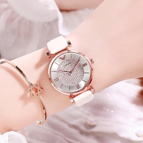 Fashion Rhinestone Dial Women Watches Leather Strap Quartz Ladies Watch Luxury Diamond For Female Clock TEPHEA Relogio Feminino