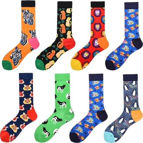 New Spring Socks Men Happy Novelty Funny Cartoon Tighe Lion Penguin Pattern Socks Men Combed Cotton Calcetines Largos Hombre