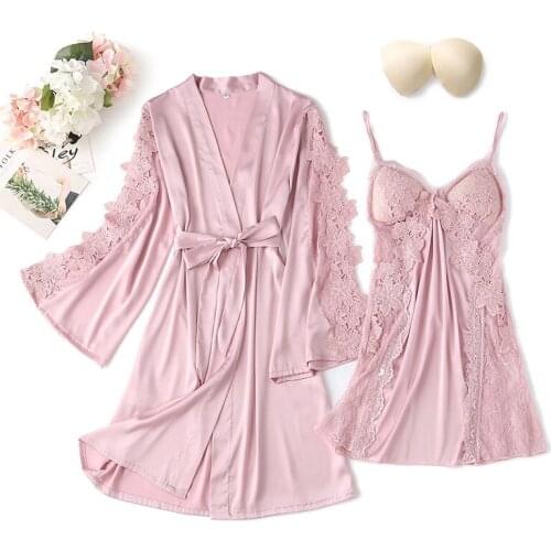 Solid 2PCS Robe Gown Set Women Hollow Out Lace Flower Trim Nightwear Loose Sexy Backless Strap Top Home Wear Rayon Sleepwear