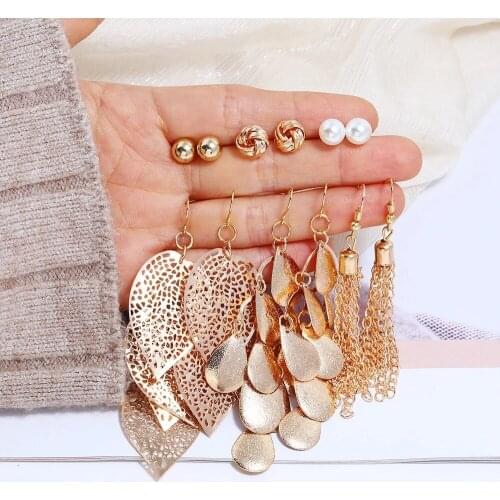 Bohemian Leaf Long Tassel Earrings For Women Female Vintage Gold Geometric Pearl Earrings Set Brincos Charm Party Jewelry Gift
