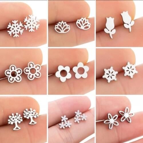 Hot Stainless Steel Flower Snowflake Lotus Tree Stud Earring For Women Girls Fashionable Tiny Small Earrings Everyday Jewelry