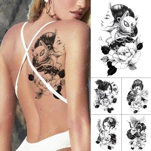 Waterproof Temporary Tattoo Stickers Beauty Peony Flower Fox Mask Flash Tattoos Female Japanese Geisha Body Art Fake Tatoo Male
