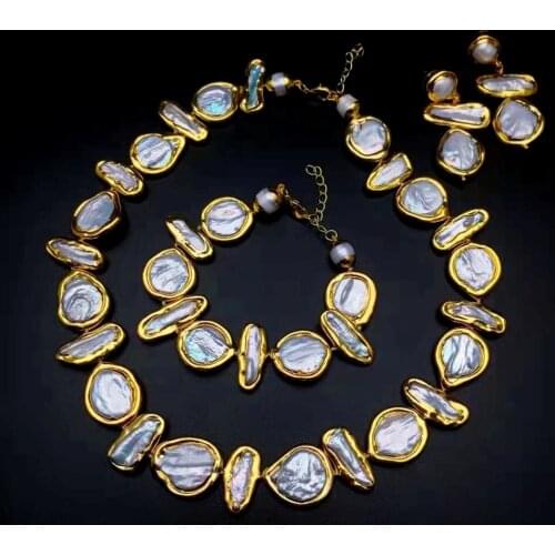 Y·YING Luxury Freshwater Cultured White Biwa Pearl Coin Pearl Gold plated Necklace Bracelet Earrings Sets