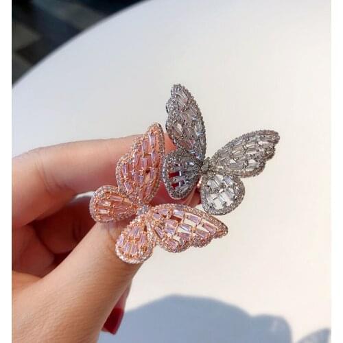 Japan and South Korea Fashion Micro-inlaid Gem Crystal Butterfly Ring Sweet Fashion New Open Ring Elegant Jewelry Female