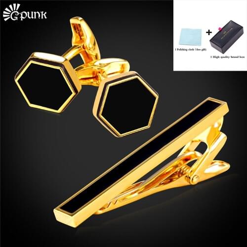 Tie Clips & Cufflinks Set For Mens With Brand Box Cufflinks Set Groomsmen Gifts Black Gold/ color Hexagon TC2106G