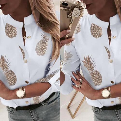 Women Autumn New Multicolor Casual V-Cut Neck Flutter Sleeve Gold Pineapple Print Shirts Office Lady Buttoned Blouse Plus Size