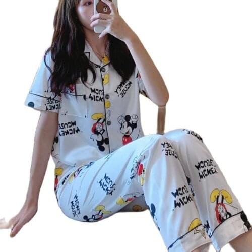 Disney Mickey Mouse Women Pajama Silk Satin Sets Summer 2 Pieces Loose Shorts Sleepwear Pijama Female Cartoon Pyjama Suit White