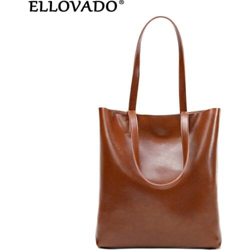 Ellovado Genuine Leather Women Luxury Tote Bag Casual Female Yellow Fashion Shoulder Handbag Lady Cowhide Shoulder Shopping Bag